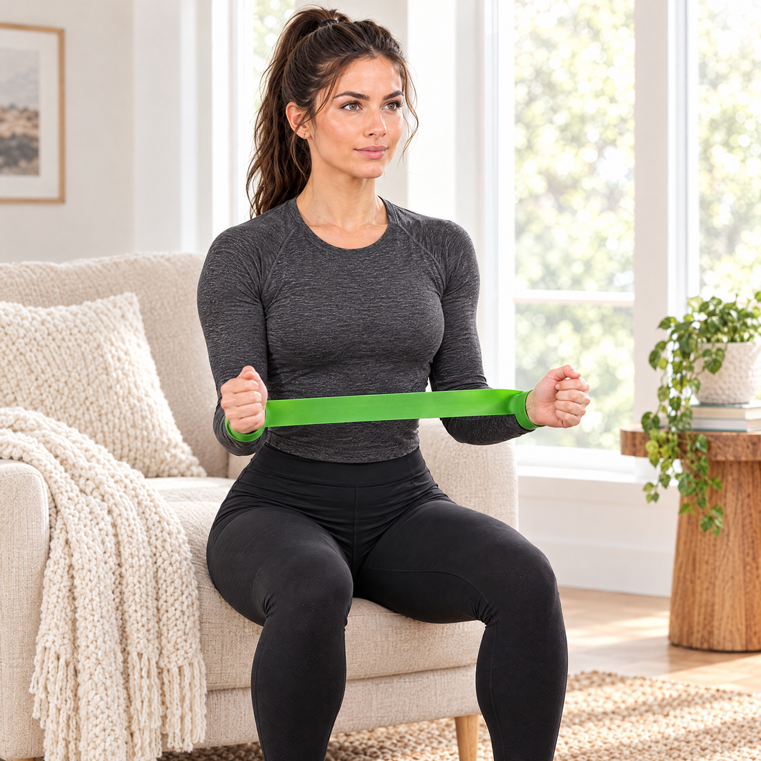 Woman doing a seated exercise with a light resistance band at home