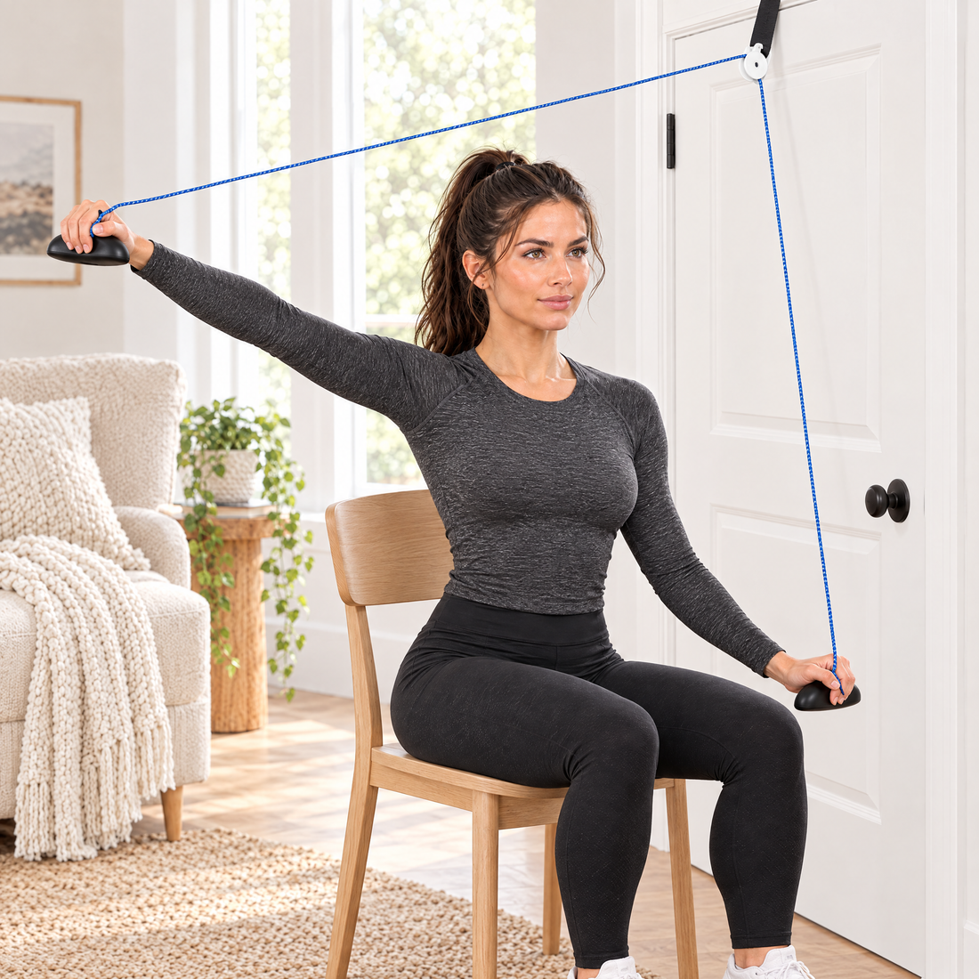 Woman seated by a door using an over-the-door shoulder pulley to raise her arm