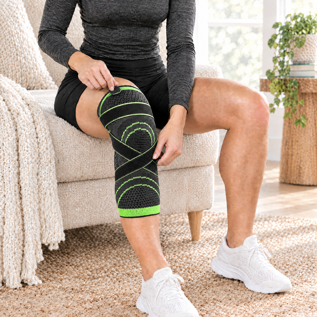 Woman fastening a compression knee sleeve at home