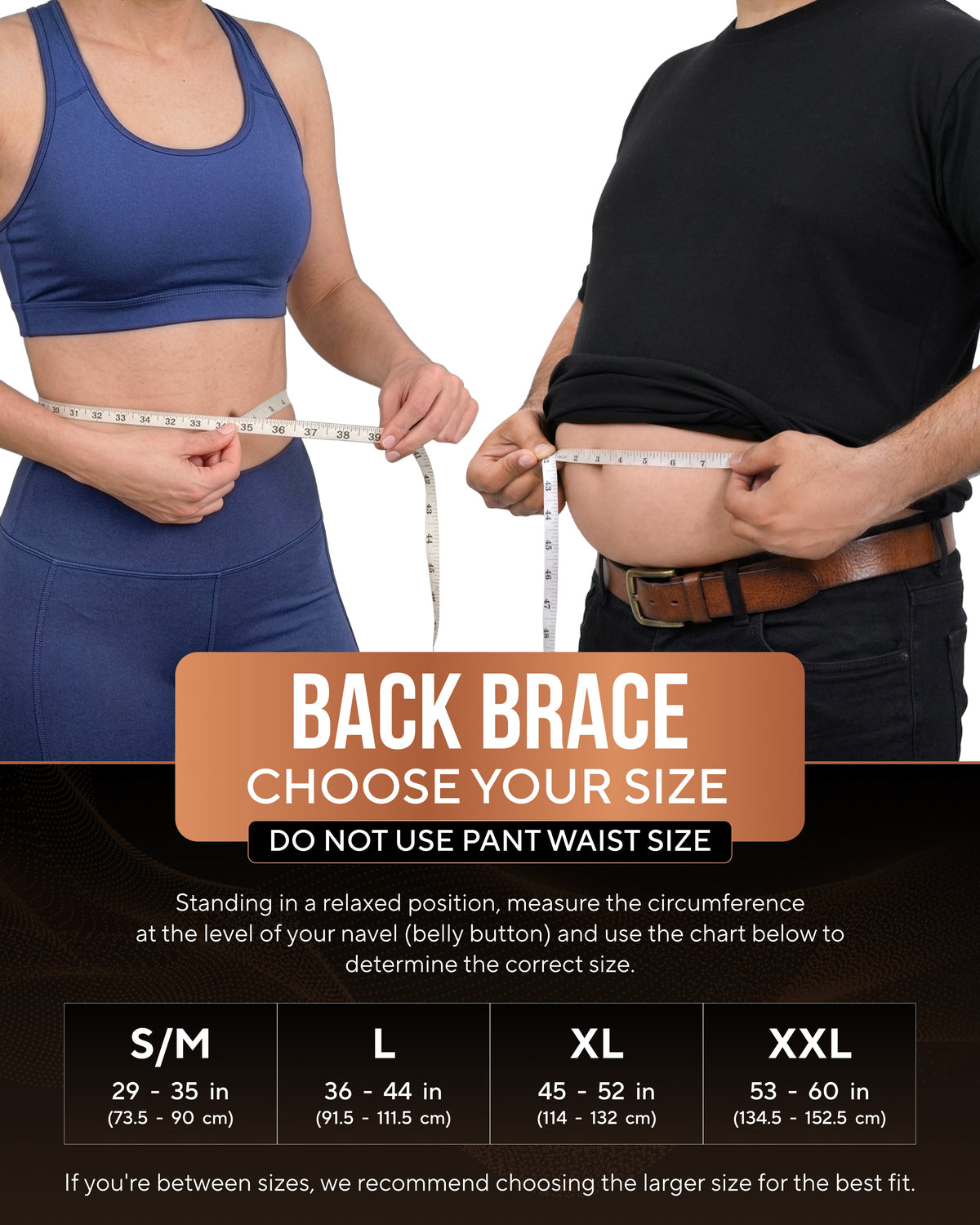 TheraCopper back brace sizing chart: measure around the waist at the navel, sizes S/M to XXL