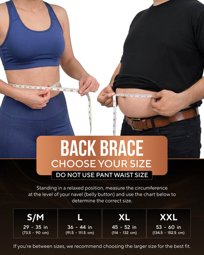 TheraCopper back brace sizing chart: measure around the waist at the navel, sizes S/M to XXL