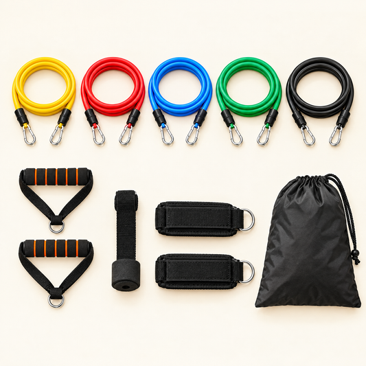 11-piece resistance band set laid out: five color-coded tubes, two foam handles, door anchor, two ankle straps and a carry pouch