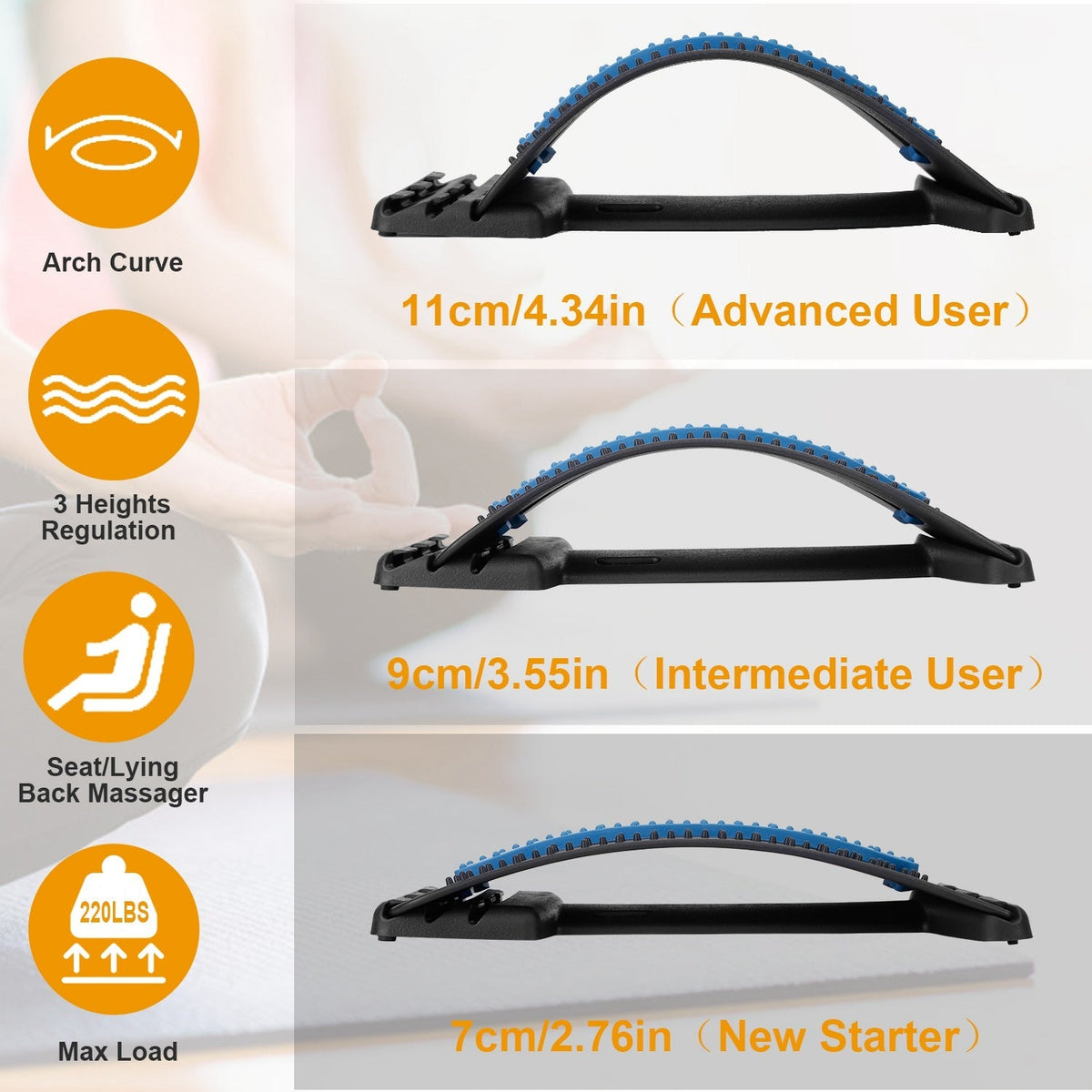 Lumbar stretcher shown at 2.76, 3.55 and 4.34 in heights
