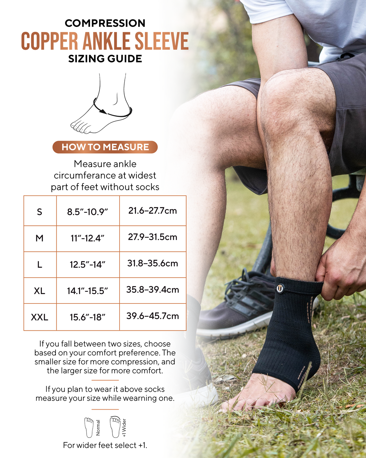 TheraCopper ankle sleeve sizing chart: measure around the ankle, sizes S to XXL