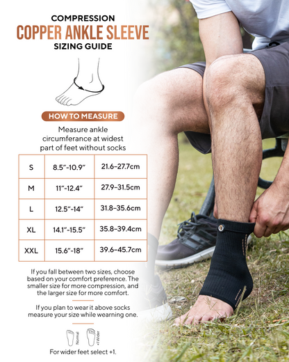 TheraCopper ankle sleeve sizing chart: measure around the ankle, sizes S to XXL