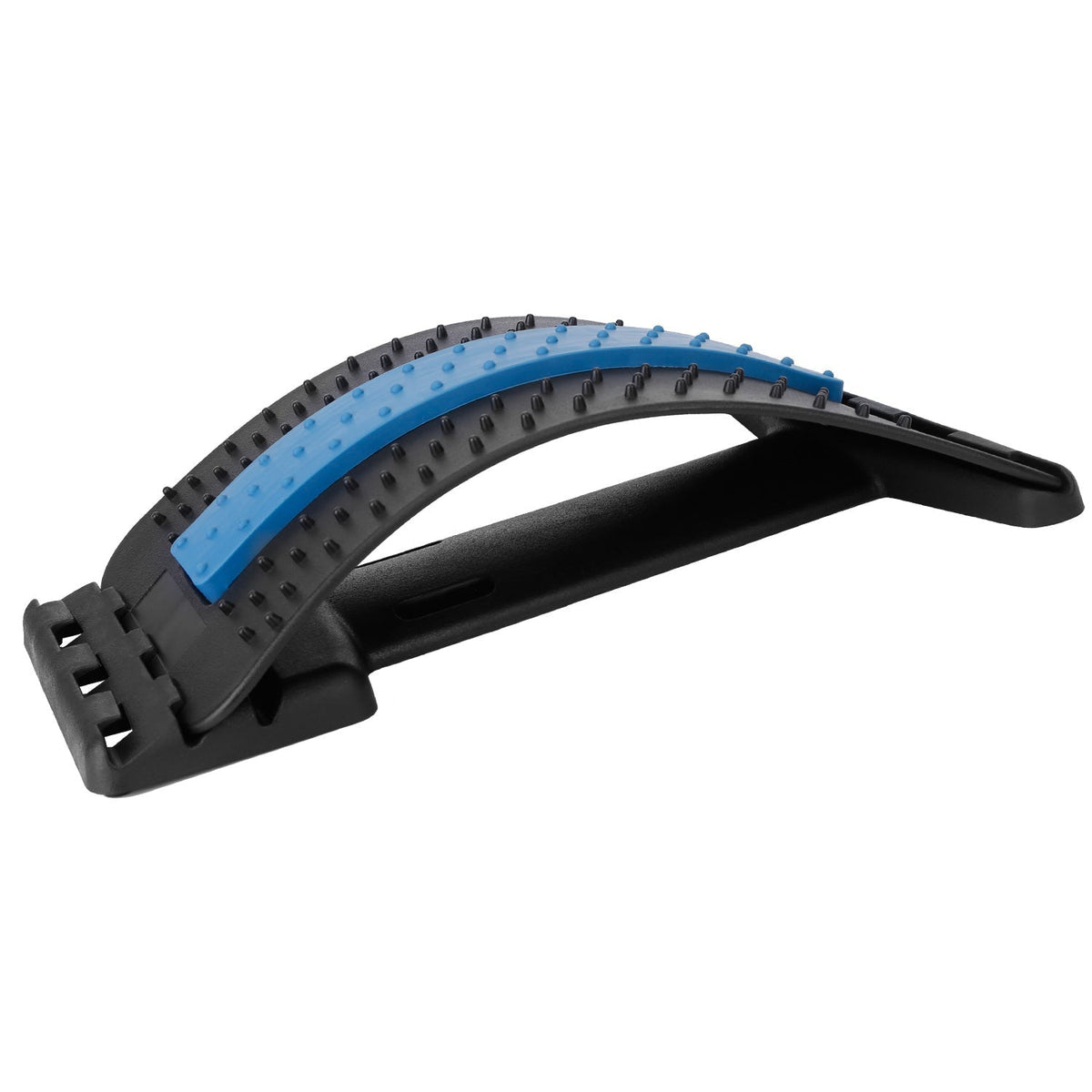 Arched lumbar back stretcher with blue nubbed arch on a black base