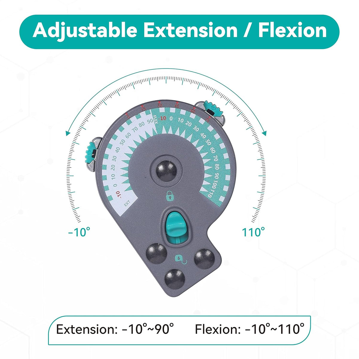 ROM dial settings: extension -10° to 90°, flexion -10° to 110°