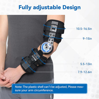 Elbow brace fit ranges: upper arm 10.5-16.5 in and 9-15 in, forearm 7.9-12.6 in and 5.5-13 in