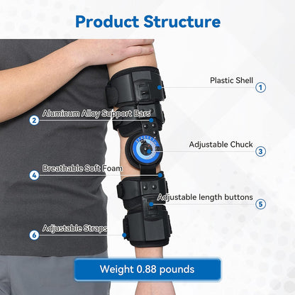 Elbow brace parts: plastic shell, aluminum support bar, adjustable dial, length buttons, foam padding, straps