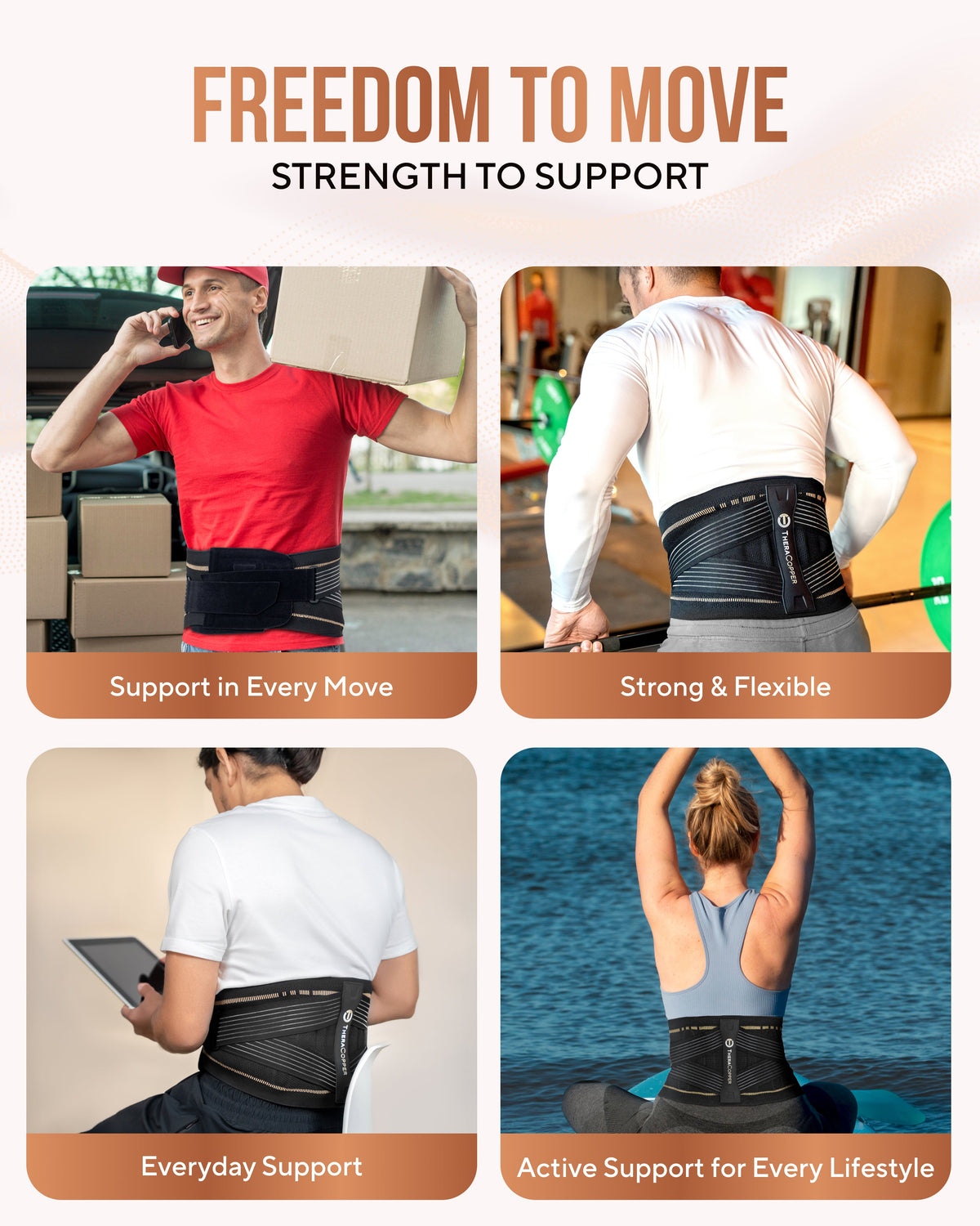 TheraCopper lower back brace worn during everyday activities, four lifestyle photos