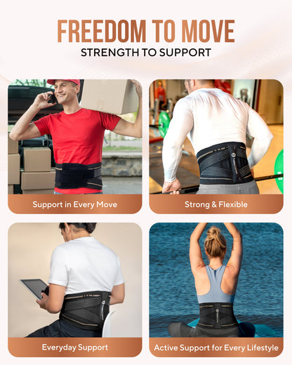 TheraCopper lower back brace worn during everyday activities, four lifestyle photos