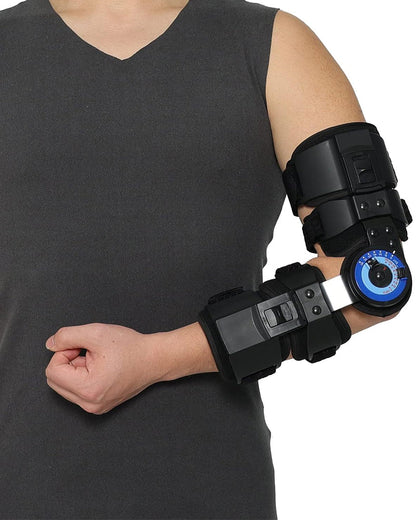 Orthomen hinged elbow brace worn on the arm, side view