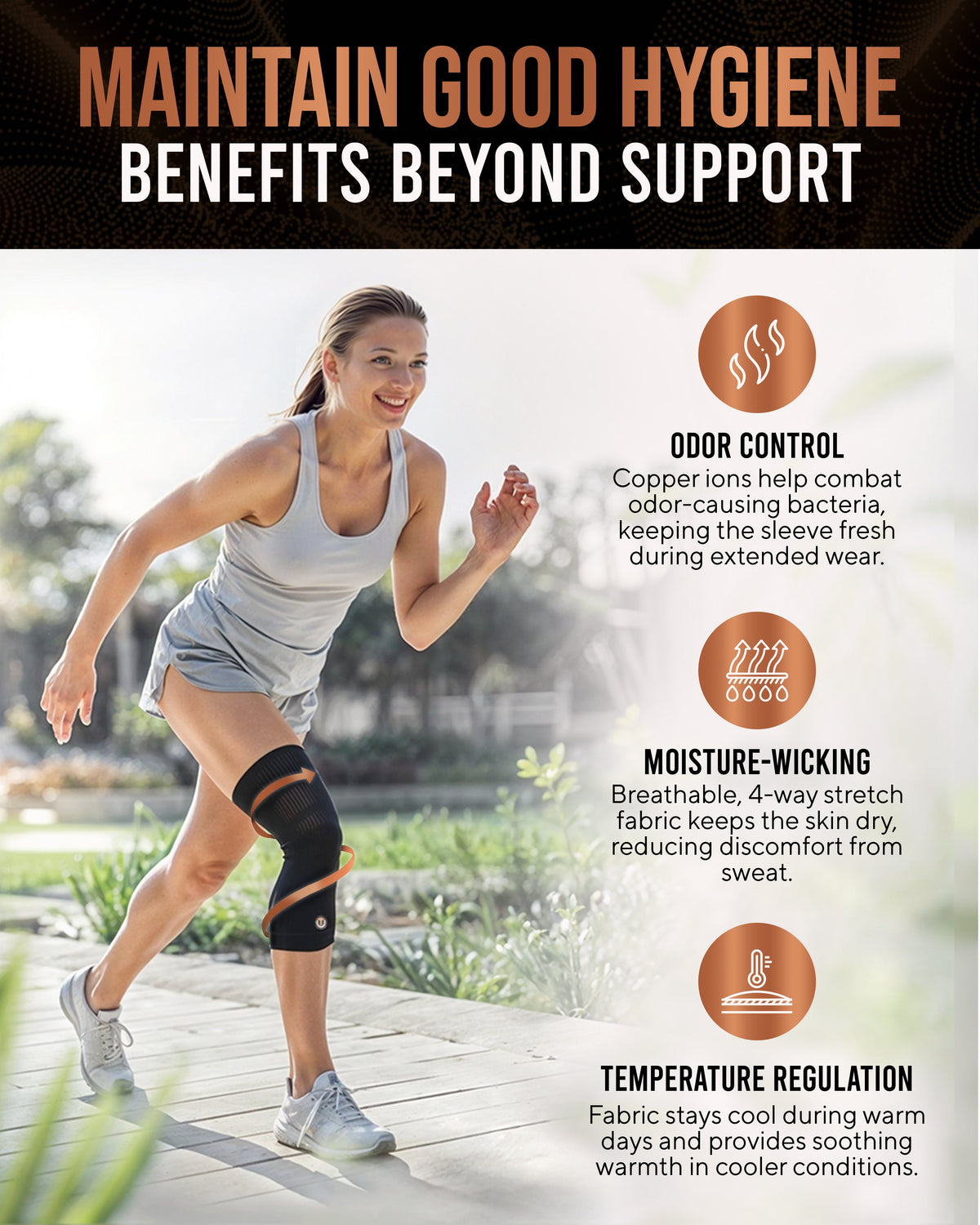 TheraCopper knee sleeve fabric details: odor control, moisture-wicking, temperature regulation