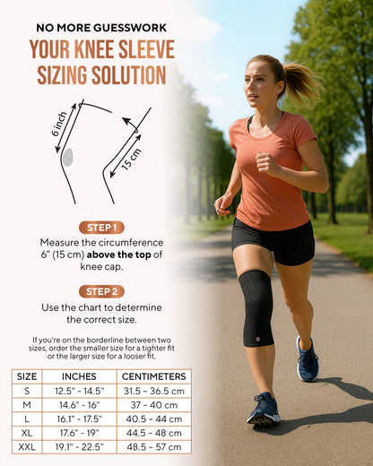 TheraCopper knee sleeve sizing chart: measure around the thigh above the kneecap