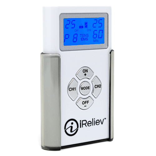 iReliev TENS + EMS unit with blue backlit display