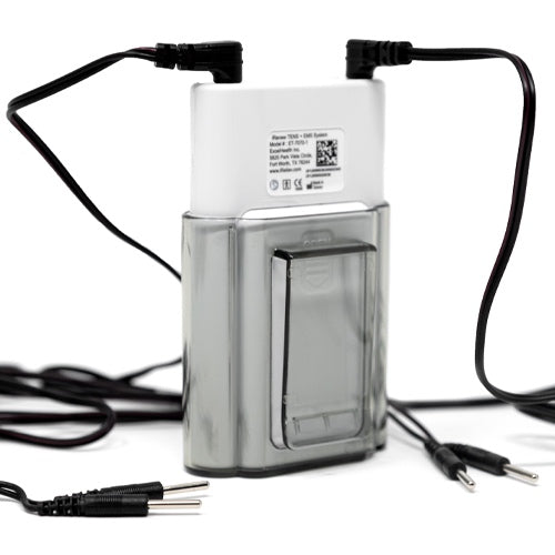 TENS unit in its belt-clip holster with lead wires