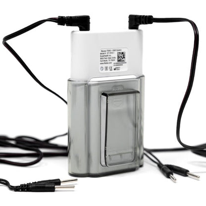 TENS unit in its belt-clip holster with lead wires