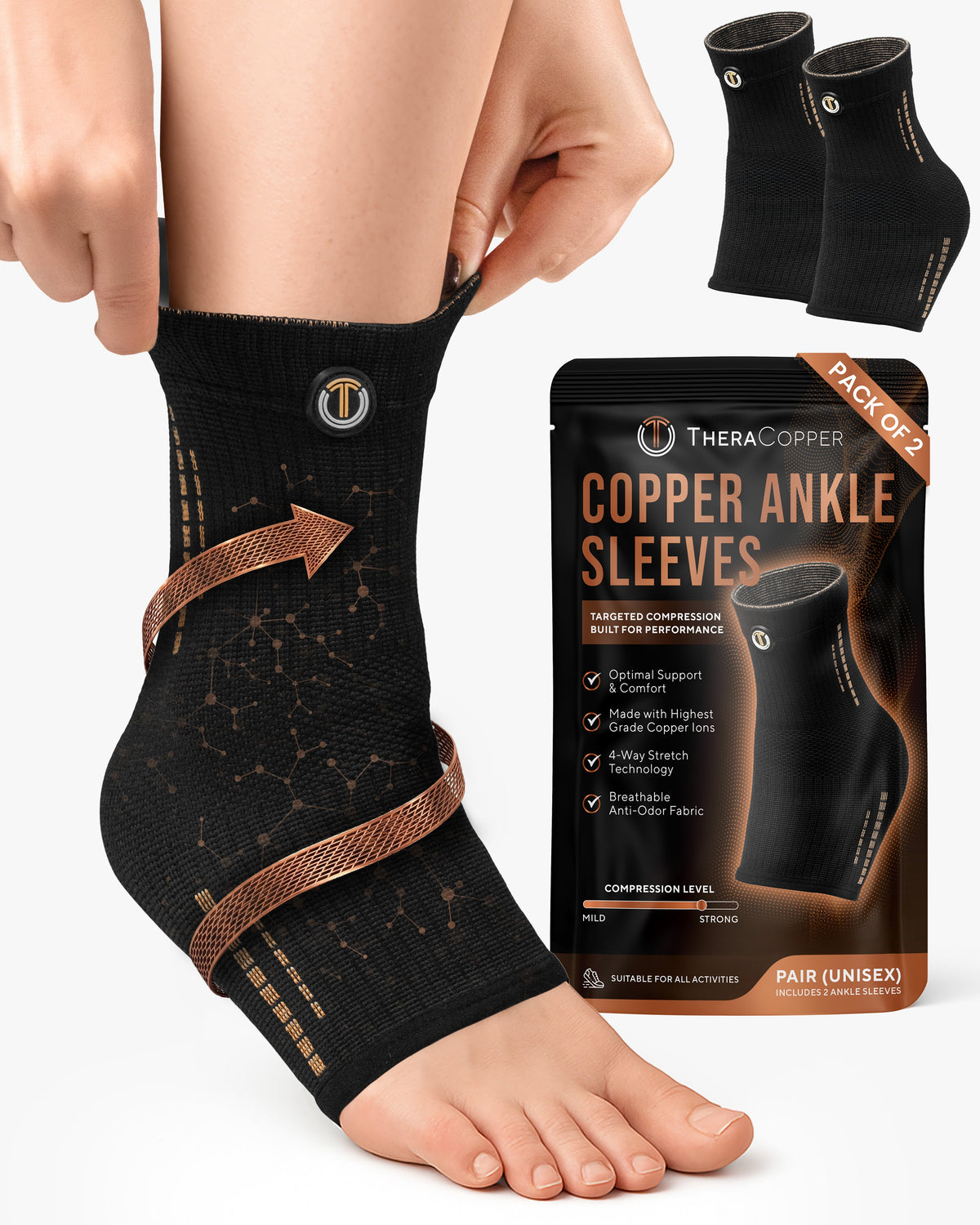 TheraCopper copper compression ankle sleeves, pair, with packaging