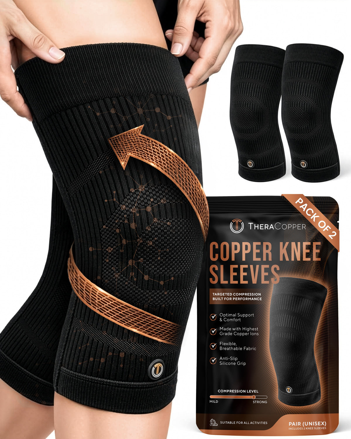 TheraCopper copper compression knee sleeves, pair, with packaging