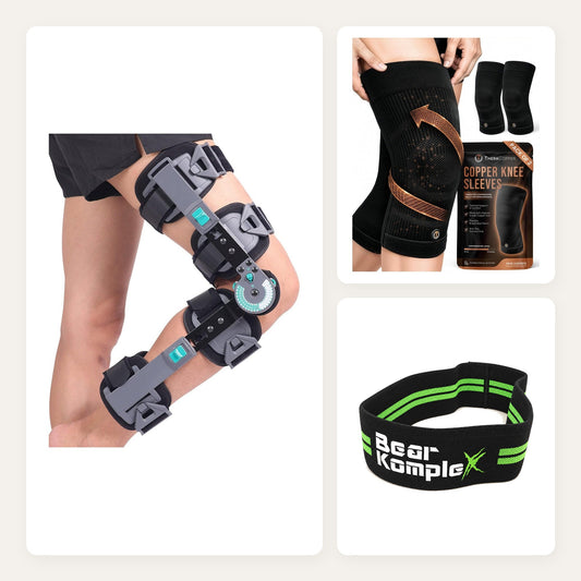 Knee Recovery Kit: hinged knee brace, copper knee sleeves and hip resistance loop band