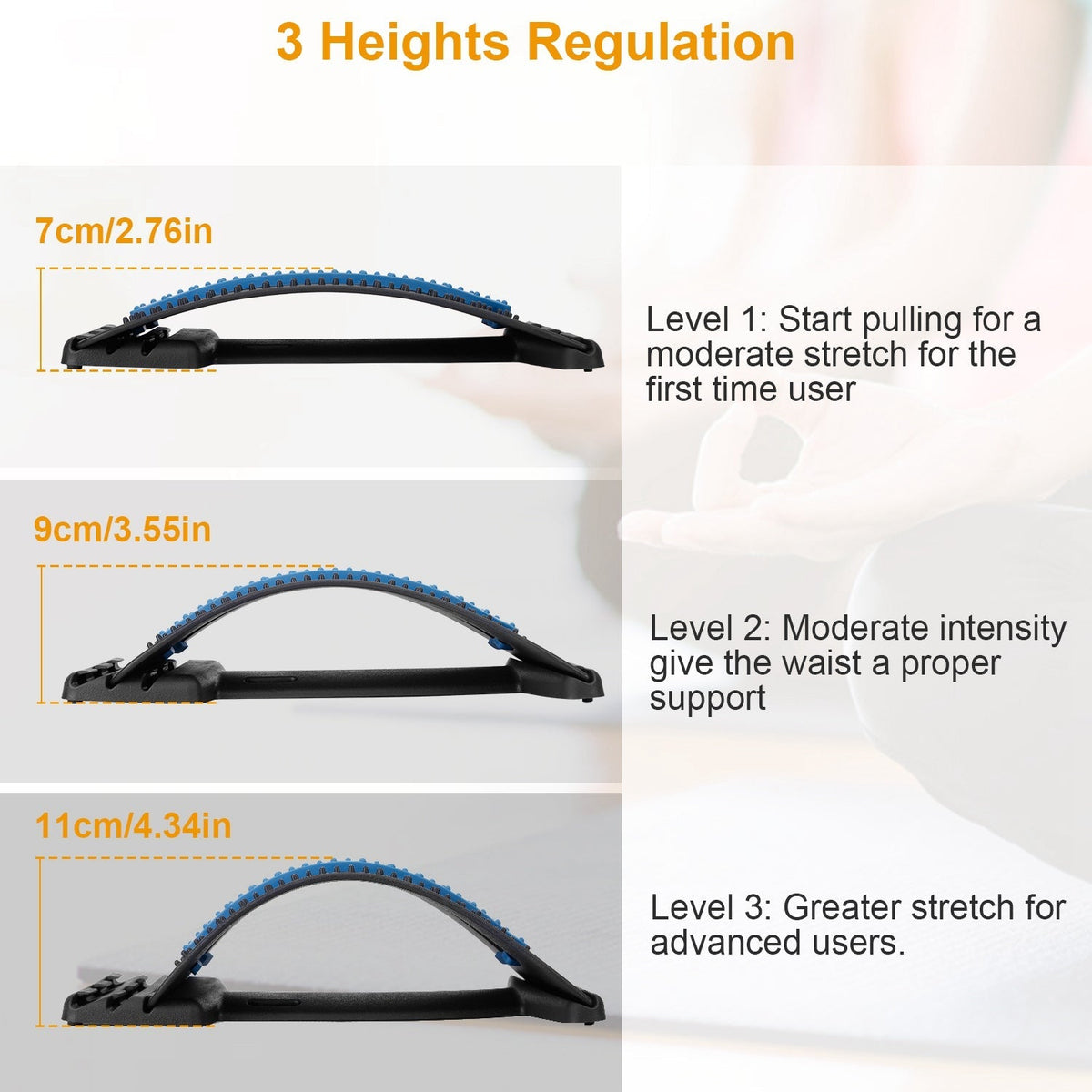 Lumbar stretcher three height settings, from starter to advanced