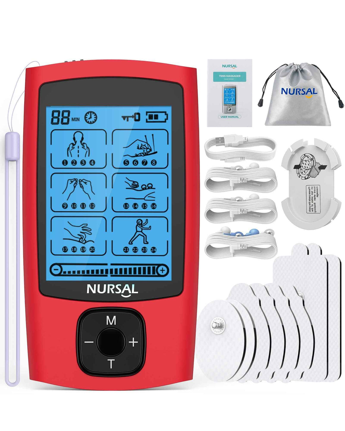 24-mode rechargeable TENS and EMS unit with lead wires and gel pads