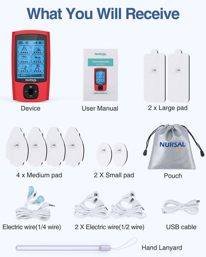 What's in the box: TENS and EMS unit, user manual, 8 gel pads in three sizes, lead wires, USB cable, pouch and lanyard