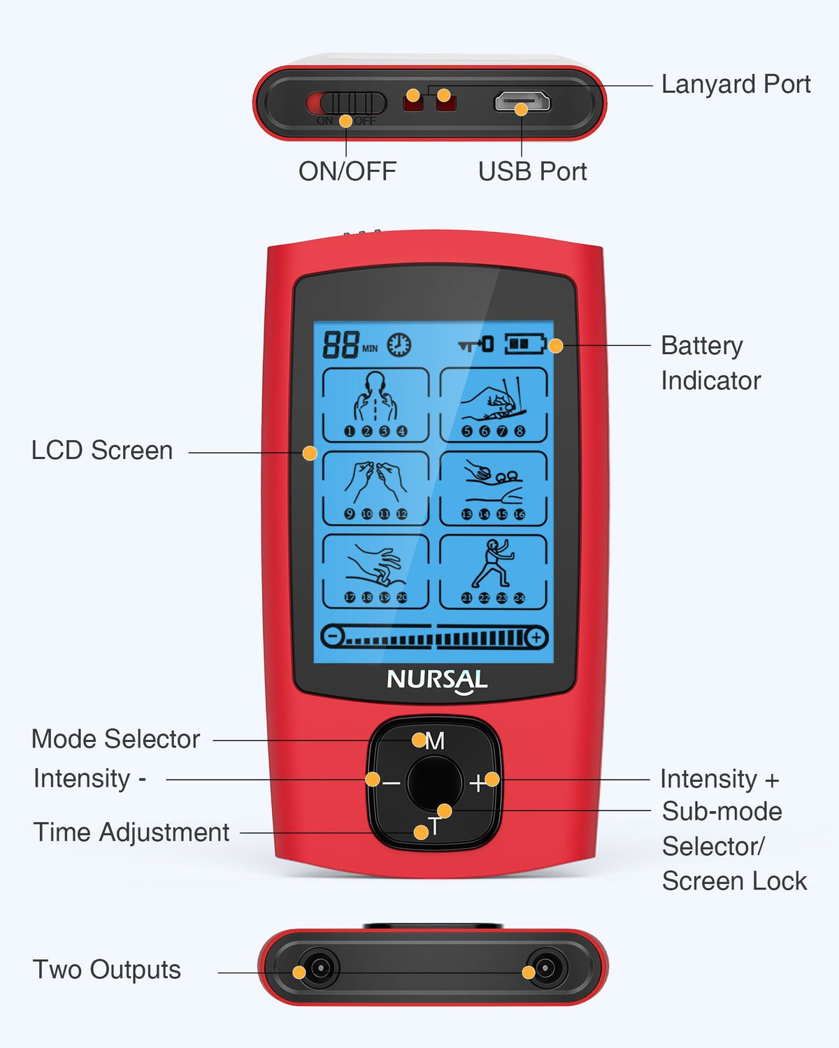 Controls: on/off, mode selector, intensity up and down, sub-mode and screen lock, timer and LCD screen