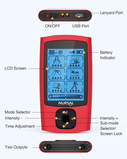 Controls: on/off, mode selector, intensity up and down, sub-mode and screen lock, timer and LCD screen