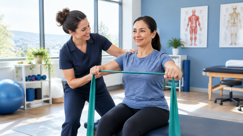 Physical therapist guiding patient through resistance band exercise - Postop Performance