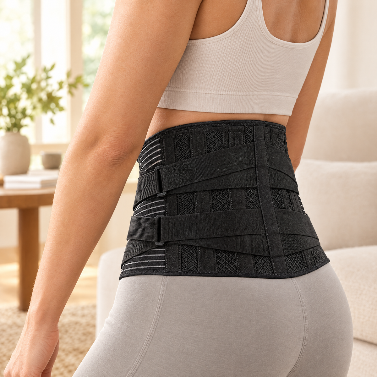 Model wearing the ExactFit adjustable lumbar support back brace
