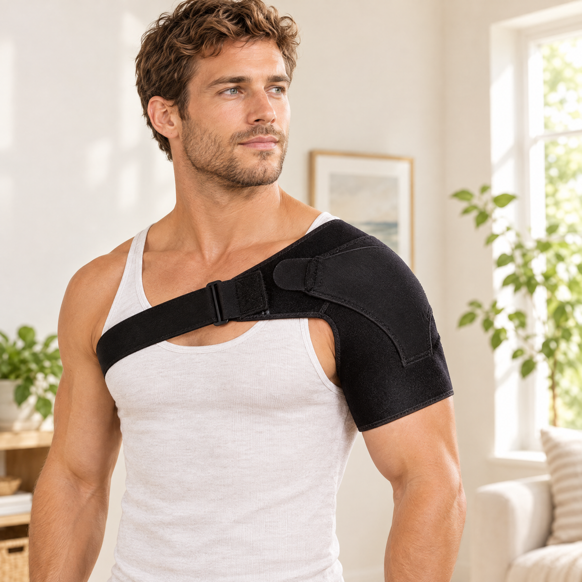 Model wearing the ExactFit shoulder brace compression sleeve