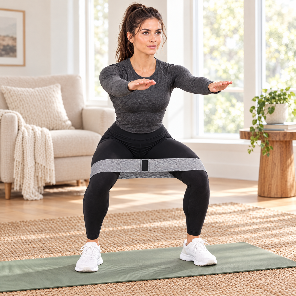 Woman doing a banded squat with a fabric resistance band above the knees