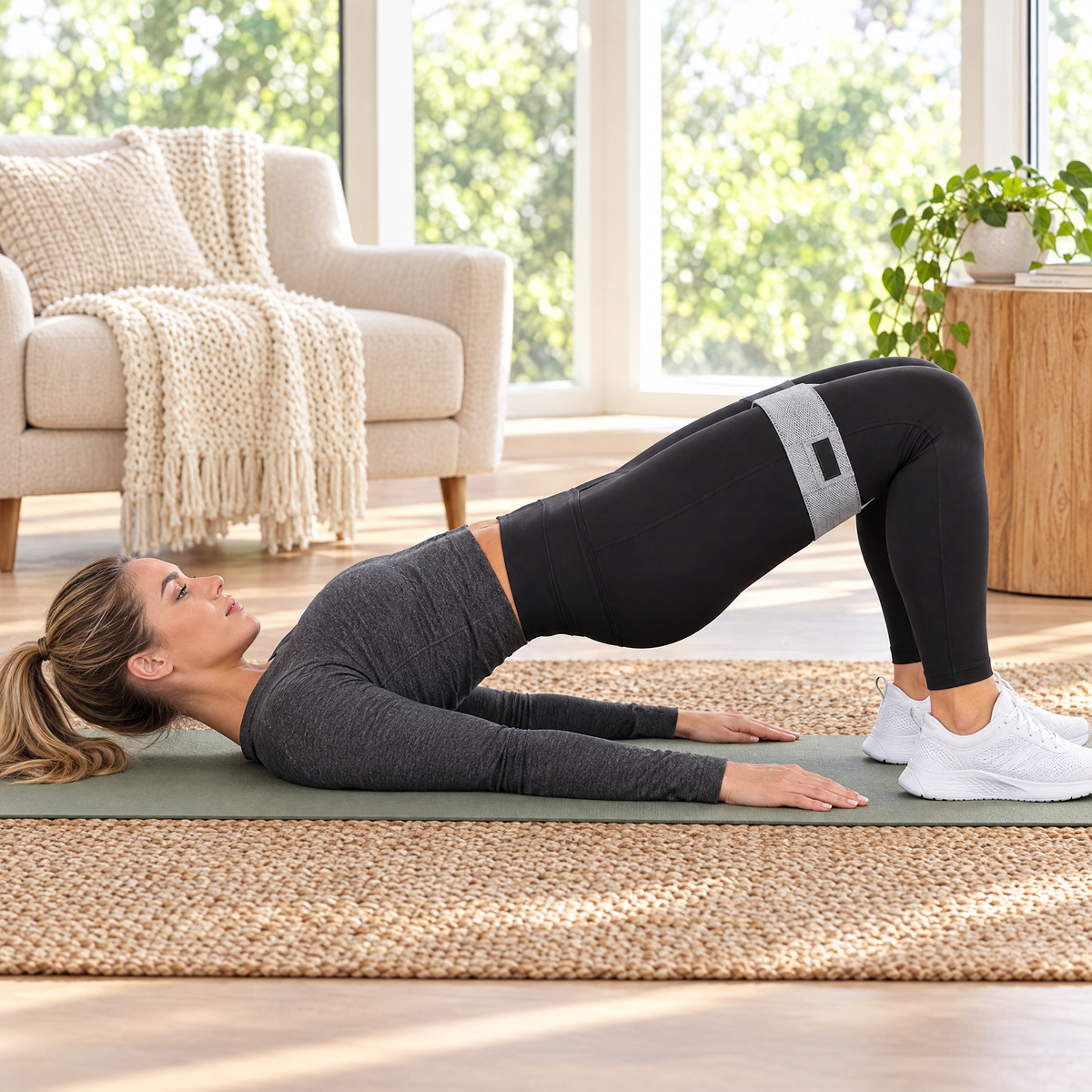 Woman doing a glute bridge with a fabric resistance band above the knees