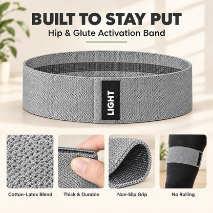 Hip and glute band features: cotton-latex blend, thick and durable, non-slip grip, no rolling