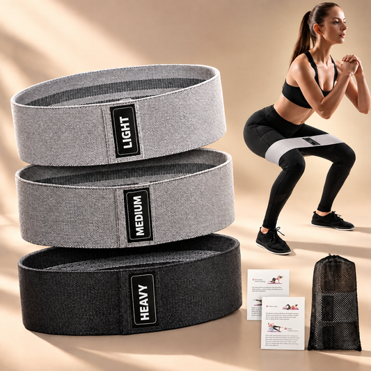 Set of three fabric hip and glute bands labeled Light, Medium, and Heavy