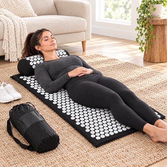 Woman relaxing on the acupressure mat with neck pillow at home