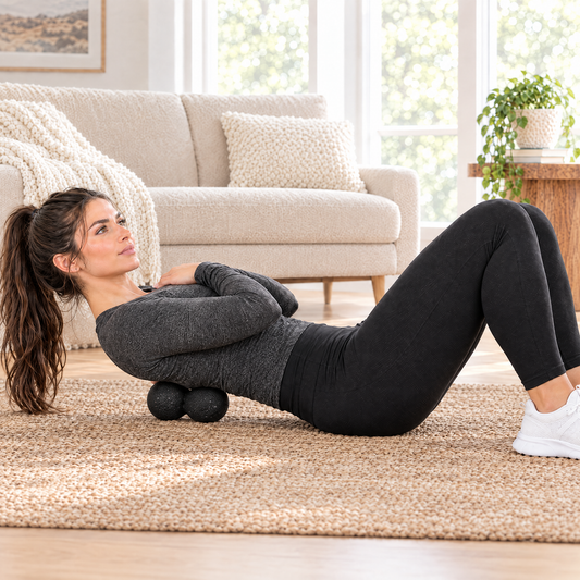 Woman using the peanut massage ball under her upper back at home