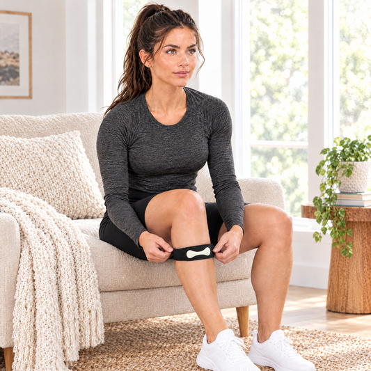 Woman fastening the patella tendon strap just below her kneecap at home