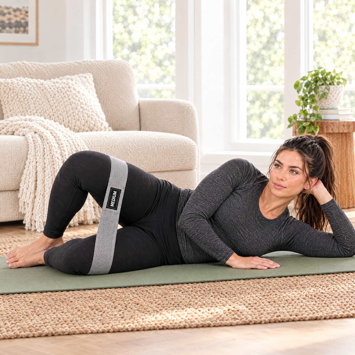 Woman doing a clamshell exercise on a mat with a fabric hip band above her knees
