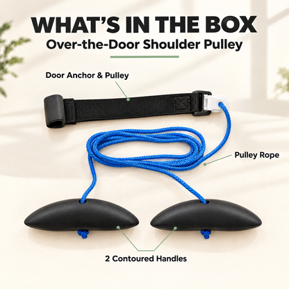 What's in the box: door anchor and pulley, pulley rope, 2 contoured handles