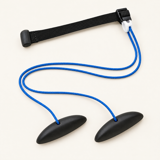 Over-the-door shoulder pulley kit with black door anchor strap, blue rope and two contoured handles