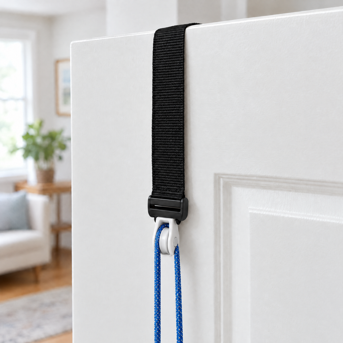 Door anchor strap held in the top of a closed door with the rope running over the pulley wheel
