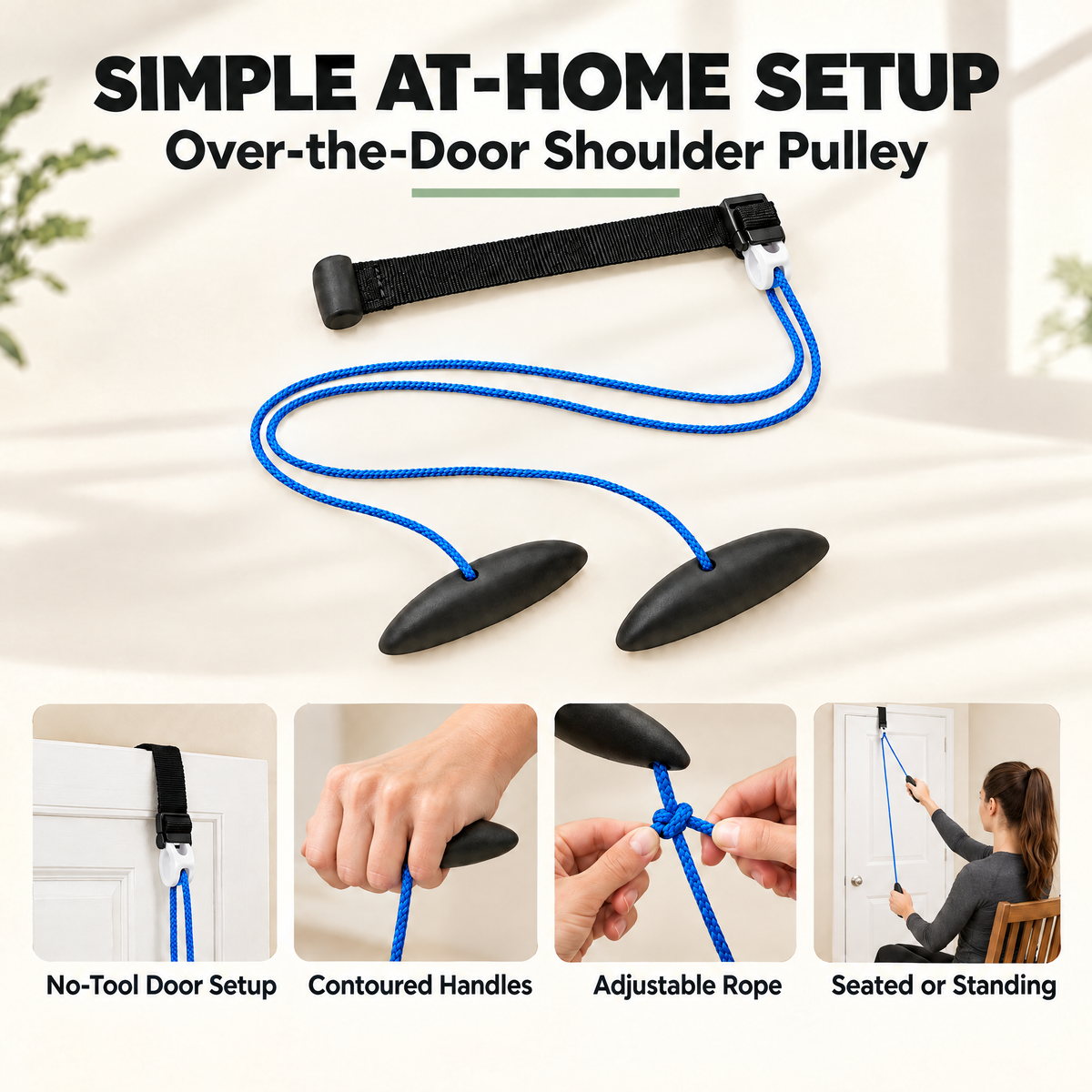 Shoulder pulley features: no-tool door setup, contoured handles, adjustable rope, use seated or standing