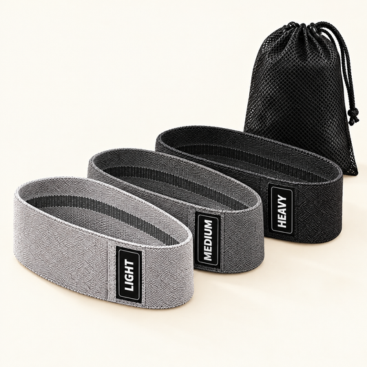 Set of three fabric hip and glute bands labeled Light, Medium, and Heavy with mesh carry bag