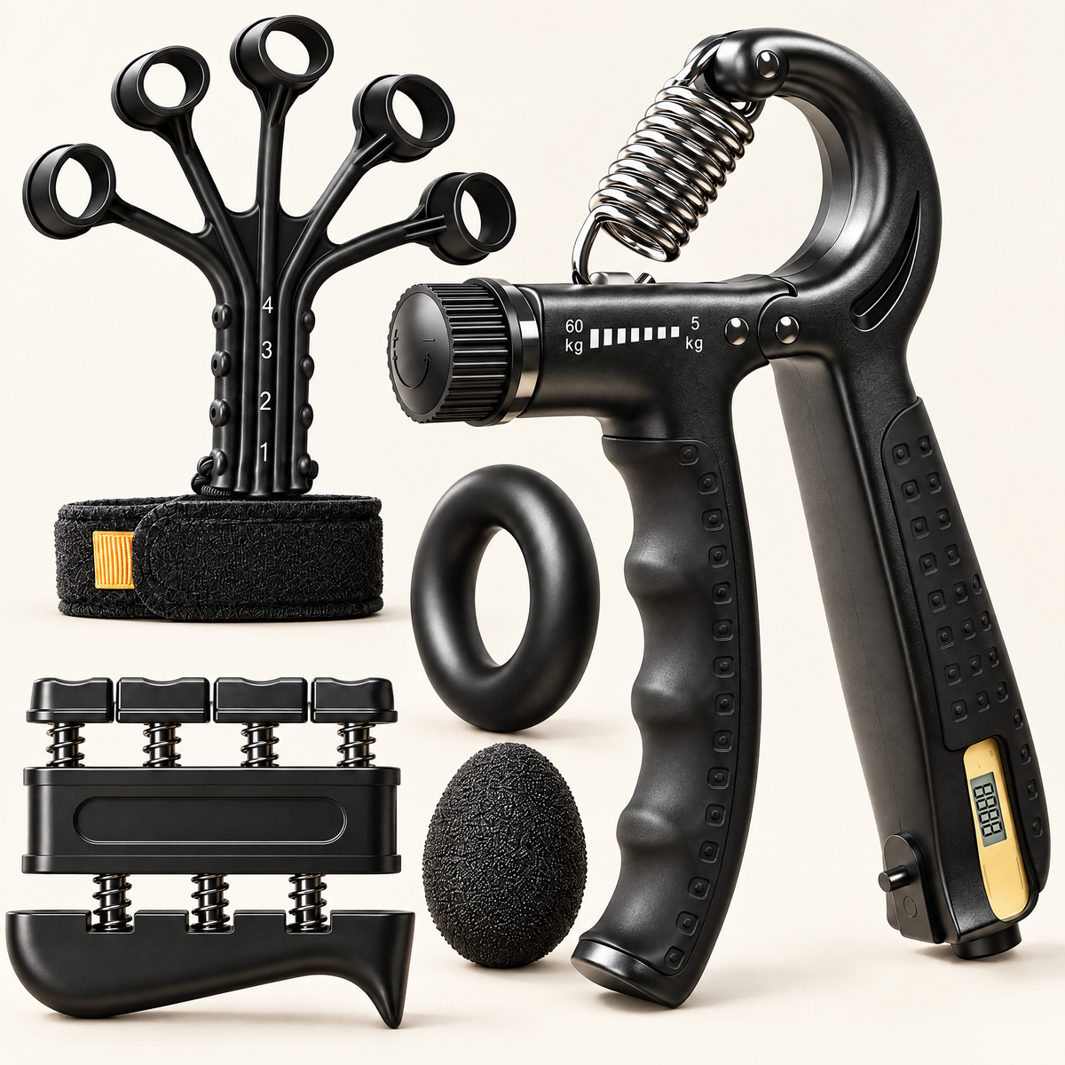 5-piece hand and grip kit: adjustable hand gripper, finger stretcher, finger exerciser, grip ring and squeeze ball