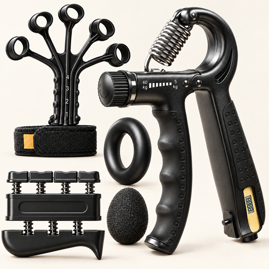 Hand & Grip Rehab Trainer 5-piece kit: adjustable hand gripper, finger stretcher, finger exerciser, grip ring and squeeze ball