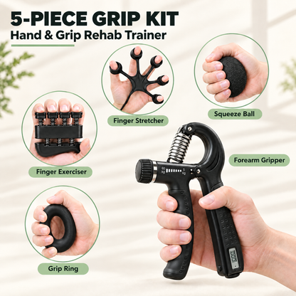5-piece grip kit: forearm gripper, finger stretcher, squeeze ball, finger exerciser, and grip ring
