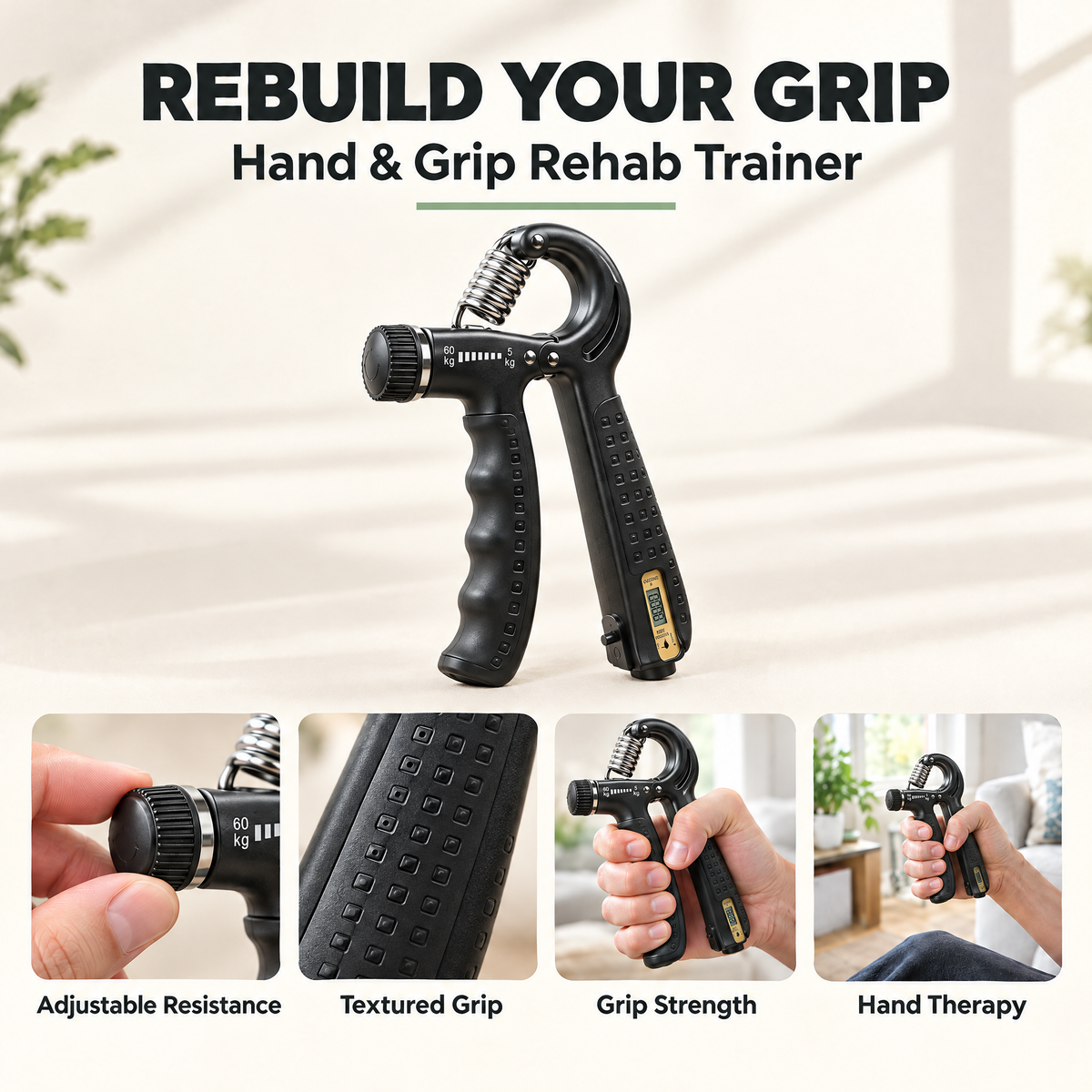 Hand and grip kit features: adjustable resistance, textured grip, grip strength, hand therapy