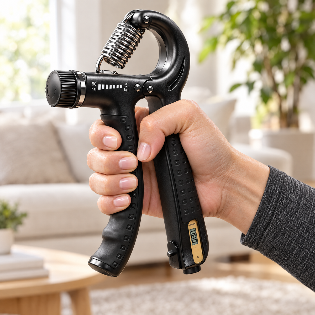 Close-up of a hand squeezing the adjustable hand gripper with rep counter